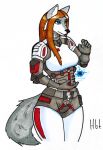  2019 anthro armor blue_eyes canid canine canis clothed clothing curvaceous eyebrows eyelashes female fur haibet hair hi_res invalid_tag long_hair magic mammal simple_background solo spacesuit standing thick_thighs traditional_media_(artwork) white_background wolf 