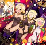  3girls aces8492unsung angry bat_hair_ornament black_gloves black_legwear black_leotard blonde_hair blush breasts cleavage cosplay covered_navel elbow_gloves embarrassed eyes_closed fake_wings fang gloves green_eyes grin groin hair_ornament halloween highleg highres inubouzaki_fuu inubouzaki_itsuki leotard long_hair looking_at_viewer looking_back medium_breasts midriff multiple_girls multiple_views navel nogi_sonoko open_mouth parted_lips shiny shiny_clothes shiny_hair shiny_skin short_hair small_breasts smile tears thighhighs white_gloves white_leotard wings yuuki_yuuna_wa_yuusha_de_aru yuusha_de_aru 