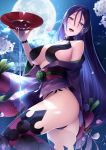  1girl :d alcohol ass bangs bare_shoulders blush bodysuit breasts cherry_blossoms cleavage commentary_request cosplay cowboy_shot cup fate/grand_order fate_(series) fingerless_gloves full_moon gloves highres holding holding_cup huge_breasts japanese_clothes kimono koruta_(nekoimo) large_breasts long_hair looking_at_viewer low-tied_long_hair minamoto_no_raikou_(fate/grand_order) moon navel night off_shoulder open_clothes open_mouth outdoors parted_bangs petals pouring purple_eyes purple_hair revealing_clothes sakazuki sake shuten_douji_(fate/grand_order) shuten_douji_(fate/grand_order)_(cosplay) sky smile solo star_(sky) starry_sky thighs very_long_hair 