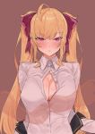  1girl absurdres ahoge bangs blonde_hair blush breasts closed_mouth collared_shirt eyebrows_visible_through_hair hair_ribbon highres large_breasts long_hair nijisanji purple_eyes red_ribbon ribbon shirt simple_background suisogenshi takamiya_rion twintails unbuttoning white_shirt 