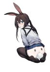  1girl absurdres animal_ears aqua_eyes black_hair black_legwear blush bunny_ears bunny_tail character_request duoyuanjun full_body hair_between_eyes highres long_hair looking_at_viewer no_shoes panties panty_pull simple_background sitting soles solo tail underwear white_background 