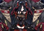  1girl azur_lane baton_(instrument) black_dress black_hair black_legwear breasts cleavage covered_navel cowboy_shot dress floating_hair friedrich_der_grosse_(azur_lane) gauntlets gloves hair_over_one_eye highres horn_ornament horns large_breasts long_hair looking_at_viewer mecha mutou_(94753939) red_gloves rigging short_dress smile solo straight_hair taut_clothes thighhighs thighs turret yellow_eyes zettai_ryouiki 