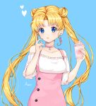  1girl amick_(americanomix) artist_request bangs bishoujo_senshi_sailor_moon blonde_hair blue_background blue_eyes blush choker collarbone cup disposable_cup double_bun drinking_straw earrings frilled_shirt frills hands_up heart holding holding_cup jewelry long_hair looking_at_viewer parted_bangs parted_lips pink_choker shirt short_sleeves sidelocks smoothie solo tsukino_usagi twintails upper_body very_long_hair white_shirt 