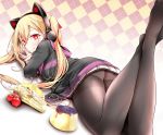  1girl ass azur_lane bangs black_legwear blonde_hair blush breasts cake candy cat_ear_headphones cherry commentary_request concord_(azur_lane) crossed_ankles eyebrows_visible_through_hair fang feet feet_up fine_fabric_emphasis food fruit hair_between_eyes hair_ribbon headphones hood hood_down hooded_jacket jacket long_hair long_sleeves looking_back lying medium_breasts mole mole_under_eye mouth_hold no_shoes on_stomach oouso open_clothes open_jacket pantyhose pleated_skirt pudding red_eyes red_ribbon ribbon sidelocks skirt solo star star-shaped_pupils symbol-shaped_pupils thighband_pantyhose thighs toes twintails twitter_username v white_skirt 