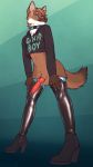  animal_genitalia animal_penis anthro balls blush canid canine canine_penis clothing collar eyewear glasses glopossum half-erect hi_res knot legwear looking_at_viewer male mammal maned_wolf penis rubber solo standing thigh_highs 