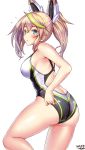  1girl adjusting_clothes adjusting_swimsuit aqua_eyes artist_name ass black_swimsuit blonde_hair blush breasts collarbone competition_swimsuit covered_navel cowboy_shot dated eyebrows_visible_through_hair gene_(pso2) green_hair hair_between_eyes hair_ornament headgear highres long_hair looking_at_viewer looking_to_the_side medium_breasts multicolored_hair one-piece_swimsuit phantasy_star phantasy_star_online_2 simple_background solo standing streaked_hair swimsuit tsuchimiya twintails two-tone_hair two-tone_swimsuit white_background white_swimsuit 