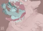  ambiguous_gender anthro bound canid canine canis duo hi_res lagomorph leporid male_pred mammal open_mouth oral_vore peril rabbit saliva size_difference smi tongue vore wolf 