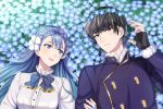  1boy 1girl armor berkut_(fire_emblem) black_armor black_hair blue_eyes blue_hair bow braid brown_hair cape crown_braid dress fire_emblem fire_emblem_echoes:_mou_hitori_no_eiyuuou flower fur_trim gloves hair_flower hair_ornament linea_(fire_emblem) long_hair nintendo shinkanoshin short_hair smile 