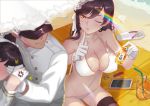  1boy absurdres anger_vein animal_ears atago_(azur_lane) atago_(midsummer_march)_(azur_lane) azur_lane bangs beach_mat bikini black_hair blush bottle bow breasts brown_eyes cleavage closed_mouth commander_(azur_lane) day extra_ears finger_to_mouth flower gloves hair_between_eyes hair_bow hair_flaps hair_flower hair_ornament hair_ribbon hat highres holding holding_bottle lanyaojun large_breasts long_hair looking_at_another lotion military military_uniform mole mole_under_eye multiple_girls navel one_eye_closed outdoors parted_lips peaked_cap ponytail ribbon shiny shiny_skin shushing sitting smile swept_bangs swimsuit takao_(azur_lane) thighhighs uniform white_bikini white_bow white_gloves white_ribbon 