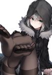  1girl artist_name bangs black_jacket black_legwear cape cloak commentary_request eyebrows_visible_through_hair fate/grand_order fate_(series) feet fur_trim gray_(lord_el-melloi_ii) green_eyes hair_between_eyes highres hood hood_up hoodie jacket katoroku long_hair long_sleeves looking_at_viewer lord_el-melloi_ii_case_files no_shoes pantyhose simple_background sitting solo white_background white_hair 