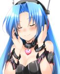  1girl 5pb_(neptune_series) bare_shoulders blue_hair blush breasts cleavage detached_collar doria_(5073726) dress eyes_closed facing_viewer headphones listening_to_music long_hair medium_breasts mole mole_under_eye neptune_(series) simple_background smile solo striped upper_body vertical-striped_dress vertical_stripes white_background 