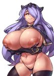  1girl areolae black_gloves breasts camilla_(fire_emblem_if) cleavage elbow_gloves fire_emblem fire_emblem_if gauntlets gloves hair_over_one_eye highres horn_ornament huge_breasts lavender_hair lips long_hair looking_at_viewer nintendo purple_eyes simple_background smile solo tiara upper_body white_background zako_(arvinry) 