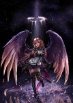  1girl angel artist_name bangs black_background black_footwear black_gloves black_legwear blue_skirt breasts commentary dark_angel_olivia dated dual_wielding elbow_gloves feathers full_body gloves granblue_fantasy high_heels highres holding holding_sword holding_weapon horns light light_brown_hair long_hair looking_at_viewer medium_breasts red_eyes revision shadowverse sidelocks skirt solo splashing standing standing_on_one_leg sword thighhighs thighs water weapon wings zduke 