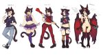  animal_ears belt bow bowtie cat_boy cat_ears cat_tail choker claws collared_shirt denim earrings fingerless_gloves gloves hair_ornament hair_over_one_eye highres jacket jeans jewelry navel open_mouth pants pointy_ears purple_legwear red_eyes senatorwong shirt shoes simple_background skirt standing tail thighhighs tie trap watch white_background wings 