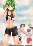  1girl 3boys adjusting_eyewear bandage bandaid bare_shoulders bike_shorts black_hair black_shorts black_sports_bra blue_sky blush_stickers breasts cleavage cloud cloudy_sky commentary creator_connection curly_hair ekubo_(mob_psycho_100) english_commentary gouda_musashi green_eyes green_hair groin highres hoshino_takeshi jogging kageyama_shigeo looking_back medium_hair midriff mob_psycho_100 multiple_boys navel one-punch_man outdoors red_shorts sereneandsilent shirt shorts sky small_breasts sports_bra sunset tatsumaki thighs white_shirt 