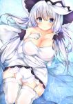  1girl azur_lane bare_shoulders blue_eyes blush breasts cleavage collarbone dress elbow_gloves eyebrows_visible_through_hair garter_straps gloves hair_between_eyes hair_ribbon hand_on_own_chest hat highres illustrious_(azur_lane) large_breasts long_hair looking_back mole mole_under_eye mutou_(94753939) partially_submerged ribbon sidelocks silver_hair sitting skindentation smile solo thighhighs thighs twintails water white_dress white_gloves white_headwear white_legwear zettai_ryouiki 