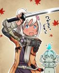 alternate_costume autumn_leaves bangs blue_eyes blush closed_mouth commentary_request cosplay eyebrows_visible_through_hair fire flower hair_between_eyes hair_flower hair_ornament holding holding_sword holding_weapon japanese_clothes kantai_collection katana kinu_(kantai_collection) leaf long_hair looking_at_viewer maple_leaf mechanical_arm ninja open_mouth prosthesis prosthetic_arm ro-500_(kantai_collection) scarf sekiro sekiro:_shadows_die_twice sekiro_(cosplay) simple_background smile standing statue sword tan tied_hair translation_request tsukemon weapon white_hair 