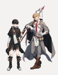  2boys belt_boot black_eyes black_feathers black_footwear black_hair black_shorts blonde_hair book boots bowl_cut brown_footwear buckle cape closed_mouth commentary elbow_gloves fajyobore323 fantasy feathers fingerless_gloves gem gloves grey_cape hand_on_hip holding holding_book kageyama_shigeo male_focus mob_psycho_100 multiple_boys over_shoulder pouch red_neckwear reigen_arataka shorts simple_background staff standing weapon weapon_over_shoulder white_background white_gloves 