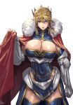  1girl absurdres armor artoria_pendragon_(all) artoria_pendragon_(lancer) bangs blonde_hair blue_legwear blue_leotard breasts cape cleavage cleavage_cutout closed_mouth cowboy_shot cross crown cuboon eyebrows_visible_through_hair fate/grand_order fate_(series) female fur-trimmed_cape fur_trim gauntlets green_eyes hair_between_eyes highres large_breasts leotard looking_at_viewer red_cape sidelocks simple_background solo swept_bangs thighhighs white_background 