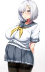  1girl absurdres arms_behind_back blue_eyes blush breasts collarbone grey_skirt hair_ornament hair_over_one_eye hairclip hamakaze_(kantai_collection) highres kantai_collection kusahagane large_breasts looking_at_viewer pantyhose pleated_skirt pregnant sailor_collar school_uniform serafuku short_hair short_sleeves silver_hair simple_background skirt smile solo standing upper_body white_background 