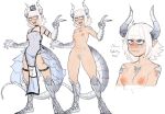  1girl areolae boots claws crown dragon_girl dragon_tail english_text eyebrows_visible_through_hair fang horns navel open_mouth pointy_ears senatorwong simple_background standing tail teeth v white_background white_hair 