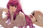  1girl ass bangs black_panties breasts closed_mouth eyebrows_visible_through_hair fate/grand_order fate_(series) hair_intakes long_hair long_sleeves looking_at_viewer lying on_side on_stomach panties purple_hair red_eyes ribbed_sweater scathach_(fate)_(all) scathach_(fate/grand_order) sidelocks simple_background smile solo sweater thighs turtleneck turtleneck_sweater underwear very_long_hair vic white_background white_sweater 