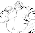  2019 anthro belly clothing felid fishing_rod grin hat headgear headwear looking_at_viewer male mammal musclegut muscular muscular_male navel nipples outie_navel pantherine smile solo thymilph tiger 