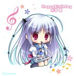  1girl accordion ahoge bangs beamed_eighth_notes black_legwear blue_sailor_collar blue_skirt blush bow character_name chibi eighth_note eyebrows_visible_through_hair hair_between_eyes hair_ornament happy_birthday instrument juliet_sleeves kneehighs long_hair long_sleeves looking_at_viewer lump_of_sugar mizune_gin mouth_hold musical_note no_shoes pleated_skirt prism_rhythm puffy_sleeves red_bow red_eyes ryuuka_sane sailor_collar school_uniform serafuku shirt sidelocks silver_hair sitting skirt solo star star_hair_ornament treble_clef twitter_username two_side_up very_long_hair wariza white_background white_shirt 