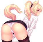  1girl animal_ear_fluff animal_ears ass bangs black_legwear blonde_hair blush breasts cat_ears cat_tail commentary english_commentary eyebrows_visible_through_hair fast-runner-2024 highres large_breasts leaning_forward long_hair looking_at_viewer looking_back miniskirt original panties patreon_username pencil_skirt ponytail red_eyes shirt skirt slit_pupils smile solo tail thighhighs tiffy underwear watermark web_address white_background white_panties white_shirt 