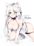  1girl :o animal_ears artist_name ass bed_sheet black_neckwear black_panties breasts breasts_outside cat_ears choker collarbone elsword eve_(elsword) hair_between_eyes kemonomimi_mode kneeling large_breasts long_hair looking_at_viewer mal_poi nipples open_mouth panties panty_pull simple_background solo sweater underwear white_background white_hair white_sweater white_theme yellow_eyes 