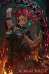  1girl armor boots breastplate chains darksiders fury_(darksiders) glowing glowing_eyes judash137 lips long_hair looking_at_viewer muscle red_hair smile solo weapon whip yellow_eyes 