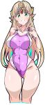  1girl blonde_hair earrings enpe green_eyes highres jewelry long_hair looking_at_viewer nintendo one-piece_swimsuit princess_zelda simple_background swimsuit the_legend_of_zelda white_background 