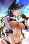  1girl alternate_costume animal_ear_fluff animal_ears arms_under_breasts atago_(azur_lane) azur_lane bangs bikini black_bikini blue_sky blush bottle breasts brown_eyes brown_hair cleavage clothes_writing cloud cola cowboy_shot day gijang groin hair_ribbon highres holding holding_bottle large_breasts long_hair long_sleeves looking_at_viewer mole mole_under_eye navel open_mouth outdoors race_queen ribbon shrug_(clothing) sidelocks simple_background skindentation sky smile solo sparkle stomach swimsuit wet white_background 