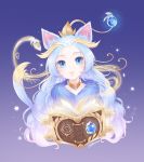  1girl animal_ears blue_eyes blue_hair book cat cat_ears choker highres humanization league_of_legends long_hair looking_at_viewer tail yuumi_(league_of_legends) 