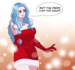  blue_hair blush christmas costume dress elbow_gloves embarrassed english_text female gloves long_gloves long_hair millorart nefertari_vivi one_piece pink_hair red_dress solo speech_bubble text_focus 