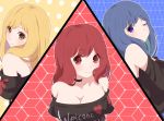  3girls bangs bare_shoulders black_choker black_shirt blonde_hair blue_background blue_hair breasts choker cleavage clothes_writing collarbone commentary eyebrows_visible_through_hair from_behind head_tilt heart hecatia_lapislazuli hecatia_lapislazuli_(earth) hecatia_lapislazuli_(moon) highres large_breasts long_hair long_sleeves looking_at_viewer looking_back multiple_girls multiple_persona no_hat no_headwear off-shoulder_shirt off_shoulder one_eye_closed outline polka_dot polka_dot_background red_background red_eyes red_hair shirt short_sleeves smile t-shirt touhou upper_body white_outline yellow_background yellow_eyes yukome 