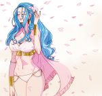  beads bikini blue_hair bracelet breasts cleavage curvy earrings eyes_closed female flower hair_flower hair_ornament jewelry large_breasts long_hair midriff millorart navel nefertari_vivi one_piece petals piercing princess shawl solo stomach swimsuit thick_thighs thighs 