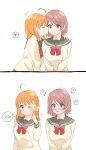  2girls 2koma ? ahoge arm_around_shoulder blue_eyes bow bowtie braid brown_hair cheek_kiss comic commentary_request english_text eyes_closed finger_to_cheek frown hair_bow hand_on_another&#039;s_shoulder heart heart_ahoge highres kiss long_sleeves love_live! love_live!_sunshine!! minori_748 multiple_girls notice_lines open_mouth orange_hair pointing pointing_at_self red_eyes red_neckwear school_uniform serafuku short_hair side_braid smile spoken_heart spoken_question_mark takami_chika upper_body uranohoshi_school_uniform watanabe_you yellow_bow yuri 