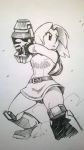  1girl arm_band arm_cannon belt black_and_white black_eyes boots debris eyebrows eyelashes female female_focus fighting_stance gloves hair hand_on_weapon mii_gunner nintendo pose sketch skin_tight skirt smoke super_smash_bros. twistedterra weapon zenox-furry-man 