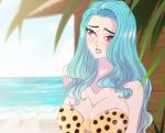  bare_shoulders beach bikini_top blue_hair blush breasts cleavage embarrassed female long_hair millorart nefertari_vivi ocean one_piece outdoors pink_eyes sand sea sky solo water 