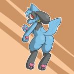 3_fingers 3_toes absurd_res ambiguous_gender black_fur blue_fur butt fur gesture hi_res hindpaw looking_back nintendo pawpads paws pok&eacute;mon pok&eacute;mon_(species) presenting presenting_hindquarters red_eyes riolu rvlis smile toes tongue tongue_out v_sign video_games 