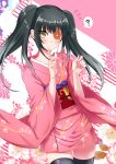  1girl bangs black_hair blush brown_eyes cowboy_shot eyebrows_visible_through_hair eyepatch floral_background floral_print flower flower_eyepatch gintama highres japanese_clothes kaikai kimono long_hair obi pink_kimono sash short_kimono solo thighhighs twintails wide_sleeves yagyuu_kyuubei zettai_ryouiki 