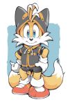  2_tails black_bottomwear black_clothing black_nose black_shorts blue_eyes bottomwear cheek_tuft clothing dipstick_tail erosuke footwear gloves hands_on_hips hi_res hoodie miles_prower multi_tail multicolored_tail shoes shorts simple_background smile sonic_(series) tuft 