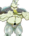  2016 anthro body_hair clothing dressing happy_trail lagomorph leporid looking_at_viewer male mammal musclegut muscular muscular_male navel nipples outie_navel pants quads rabbit shirt solo thymilph topwear underwear 