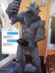  anthro antlers balls blush capreoline cervid changing chat clothing diddydoo fur hi_res horn humanoid_penis inside jeans male mammal mirror muscular muscular_male nude pants pecs penis phone reindeer selfie solo text 