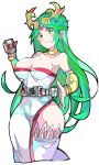 &gt;:) 1girl bare_shoulders bracer breasts circlet cleavage closed_mouth cropped_legs dress enpe eyebrows_visible_through_hair green_eyes green_hair hand_up highres holding jewelry kamen_rider kamen_rider_555 kid_icarus long_hair looking_at_viewer neck_ring nintendo palutena rider_belt side_slit simple_background single_thighhigh smile solo strapless strapless_dress thighhighs thighs v-shaped_eyebrows very_long_hair white_background white_dress white_legwear 