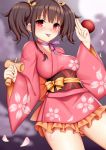  1girl :p bangs blurry blurry_background blush breasts brown_hair closed_mouth commentary_request depth_of_field eyebrows_visible_through_hair floral_print frilled_kimono frills gluteal_fold hair_ribbon hands_up holding japanese_clothes kimono koutetsujou_no_kabaneri long_sleeves medium_breasts mumei_(kabaneri) obi petals pink_kimono print_kimono red_eyes ribbon sash short_kimono smile solo tongue tongue_out toshishikisai twintails wide_sleeves yellow_ribbon 