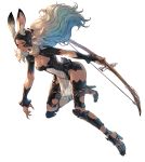  1girl animal_ear_fluff animal_ears armor bow_(weapon) breasts bunny_ears cleavage cleavage_cutout dark_skin ears_through_headwear final_fantasy final_fantasy_xii fingernails fran full_body greaves helmet high_heels highres long_fingernails long_hair makimura_shunsuke medium_breasts navel parted_lips pelvic_curtain red_eyes revealing_clothes see-through sharp_fingernails simple_background solo vambraces viera weapon white_background white_hair 