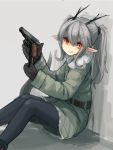  2015 amber_eyes animal_humanoid belt clothed clothing coat cute_fangs deadflow dragon dragon_humanoid female gloves grey_hair gun hair handgun holding_object holding_weapon horn humanoid looking_at_viewer ponytail ranged_weapon scales sitting solo weapon 