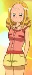  1girl 2015 absurdres bangs blonde_hair blunt_bangs brown_eyes closed_mouth female highres jewelry long_hair necklace ojamajo_doremi short_shorts shorts solo tamaki_reika tank_top yellow_shorts 